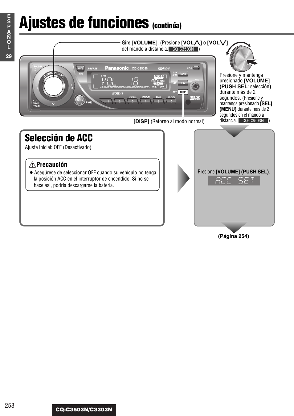 Ajustes de funciones, Selección de acc, Continúa) | Panasonic CQC3503N User Manual | Page 30 / 42