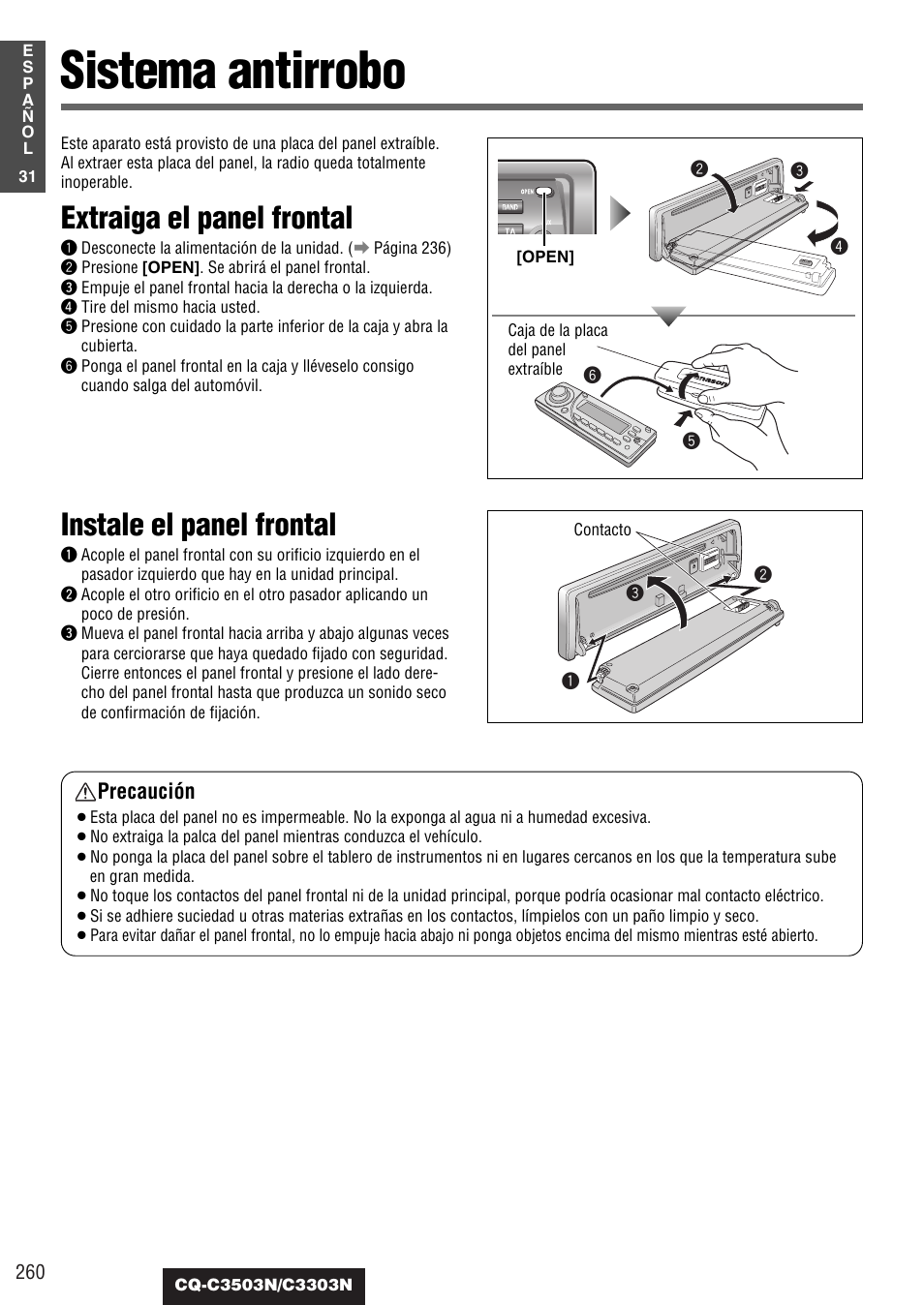 Sistema antirrobo, Extraiga el panel frontal, Instale el panel frontal | Precaución | Panasonic CQC3503N User Manual | Page 32 / 42