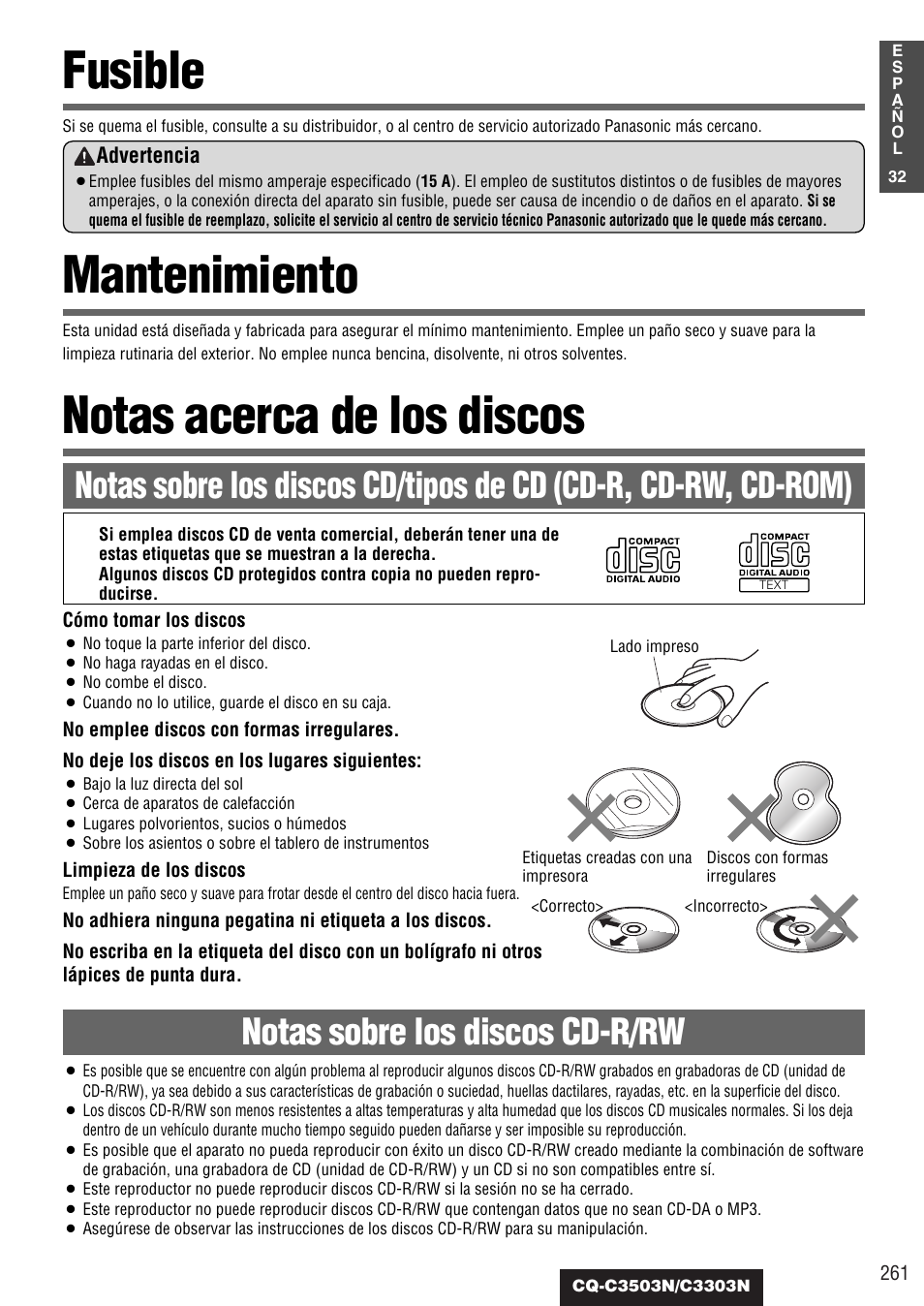 Fusible, Mantenimiento, Notas acerca de los discos | Panasonic CQC3503N User Manual | Page 33 / 42