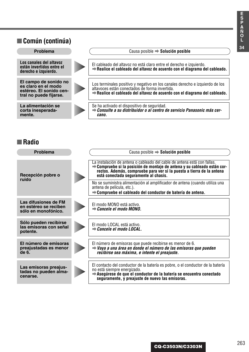 Común (continúa), Radio | Panasonic CQC3503N User Manual | Page 35 / 42