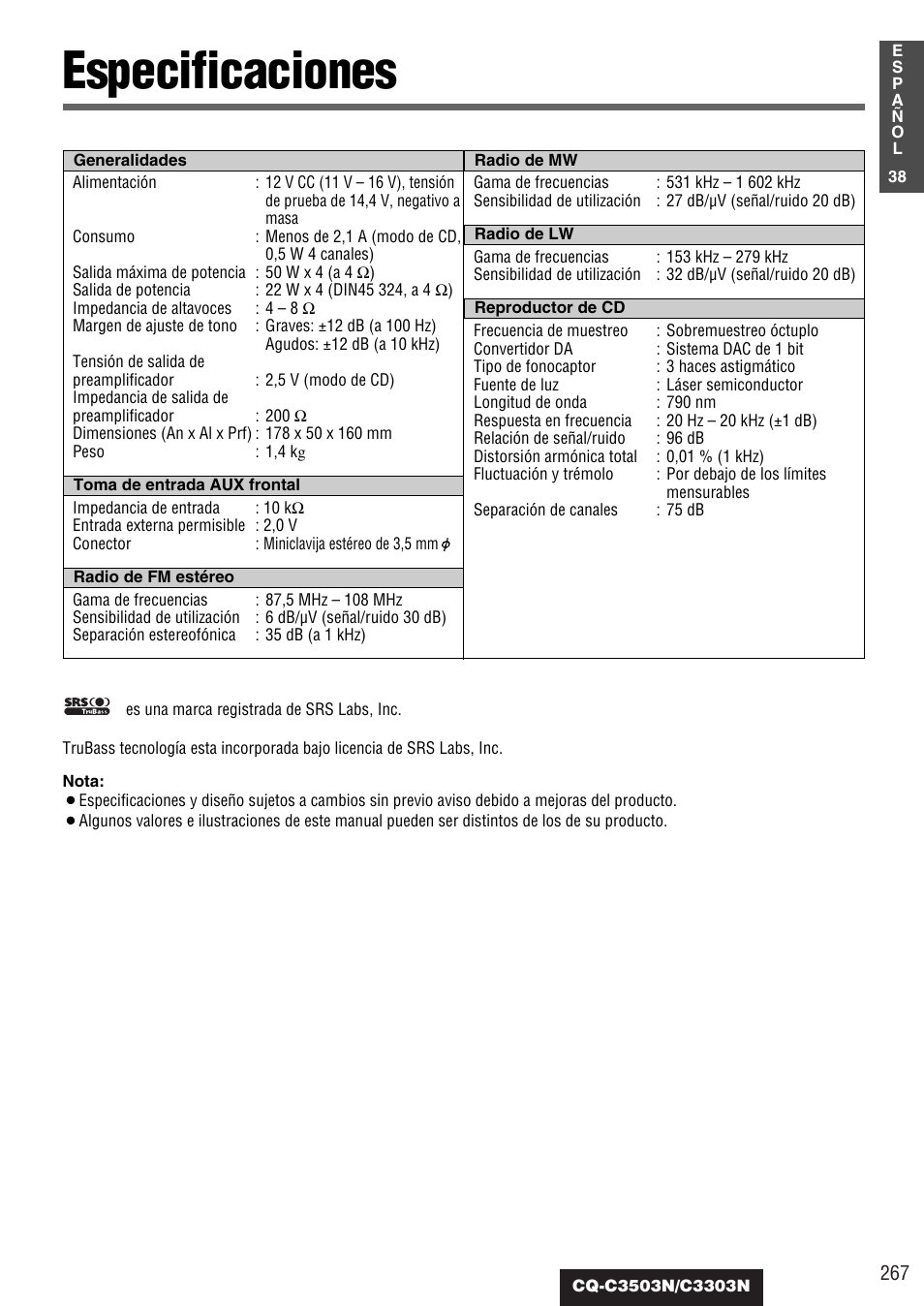Especificaciones | Panasonic CQC3503N User Manual | Page 39 / 42
