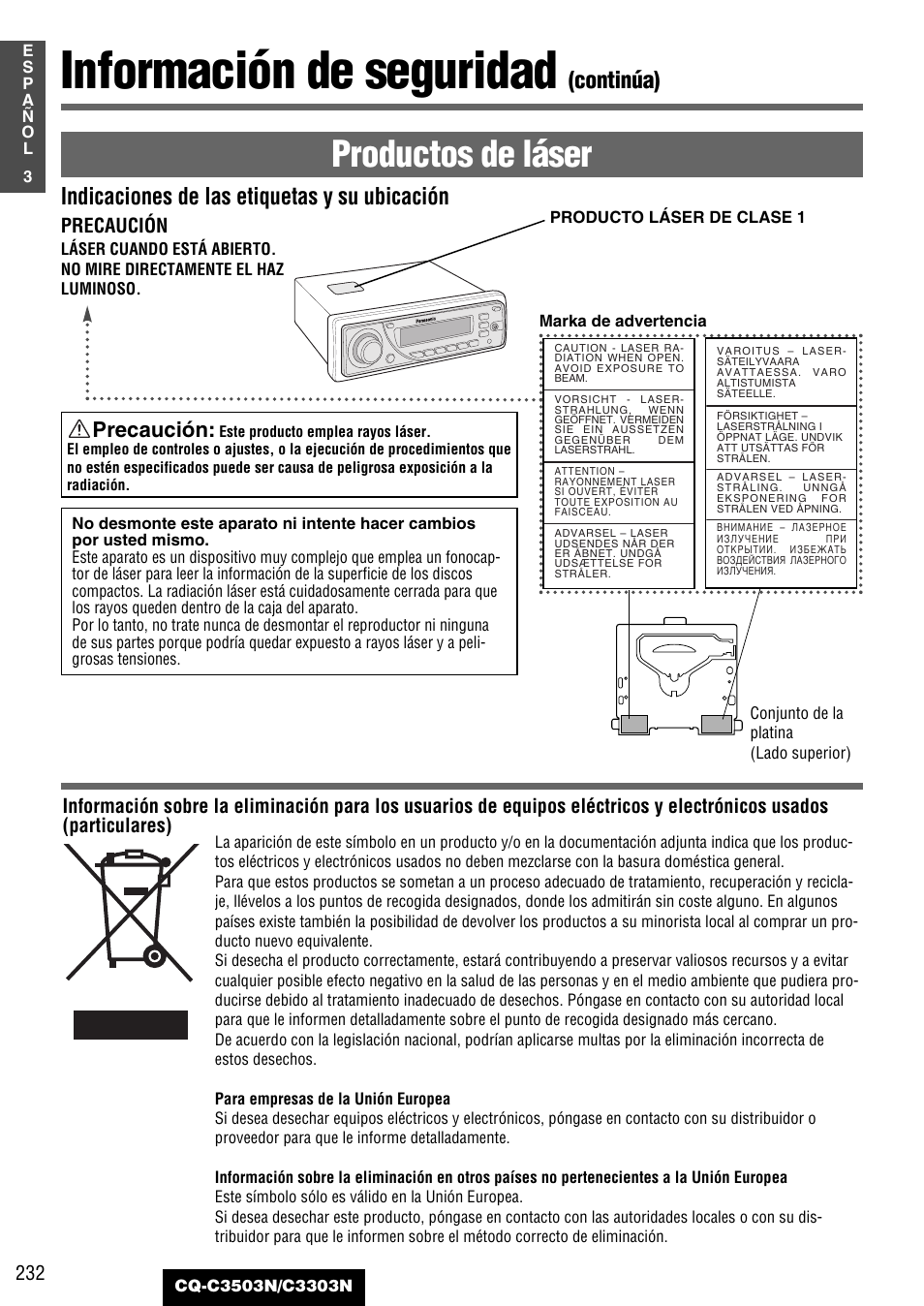 Información de seguridad, Productos de láser, Indicaciones de las etiquetas y su ubicación | Continúa), Precaución | Panasonic CQC3503N User Manual | Page 4 / 42