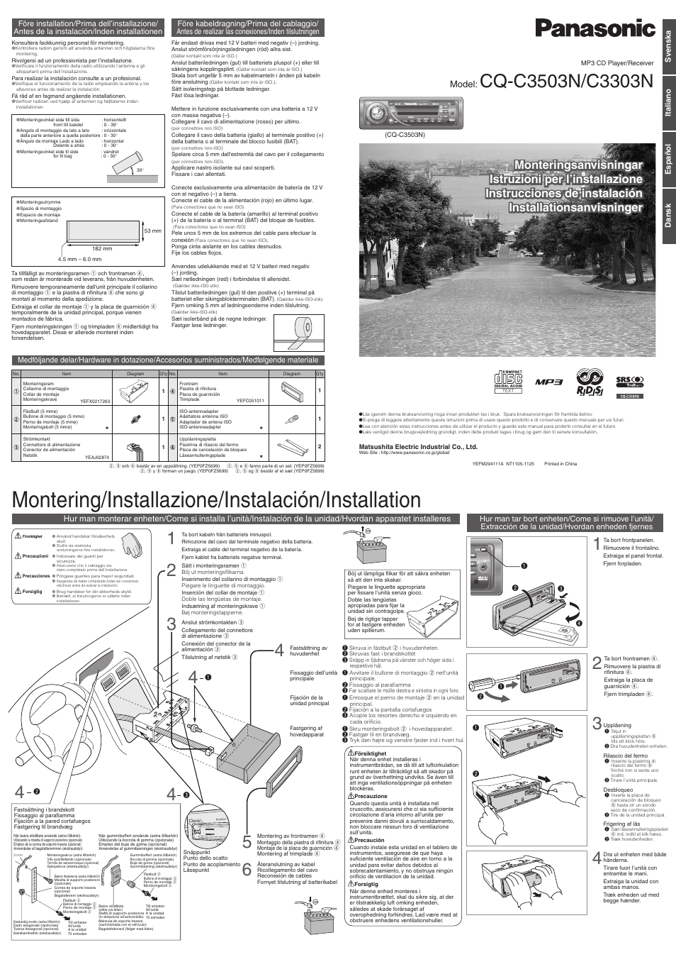 Montering/installazione/instalación/installation, Model, Svenska italiano español dansk | Panasonic CQC3503N User Manual | Page 41 / 42