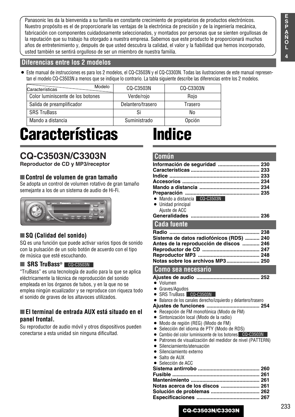 Características indice, Común, Cada fuente | Como sea necesario, Diferencias entre los 2 modelos | Panasonic CQC3503N User Manual | Page 5 / 42