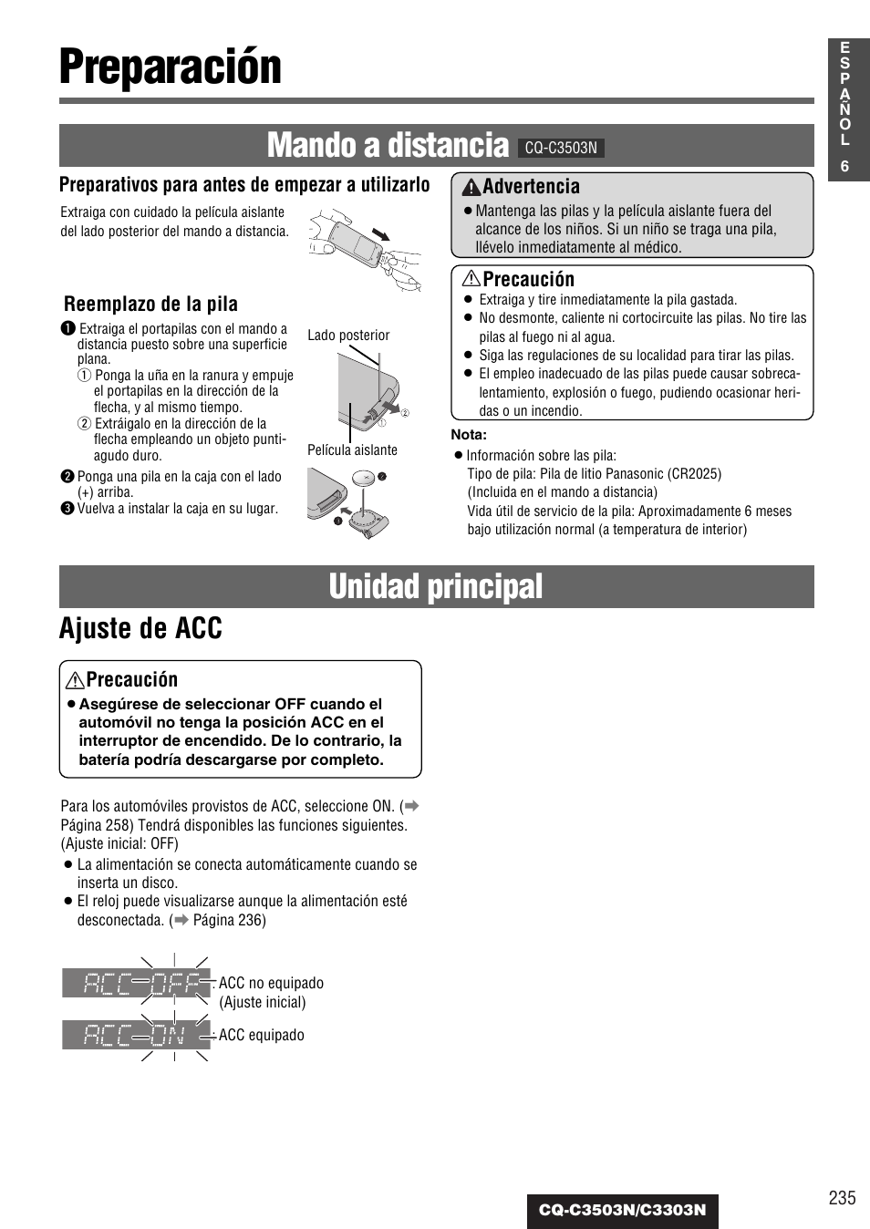 Preparación, Unidad principal, Mando a distancia | Ajuste de acc, Precaución, Advertencia, Preparativos para antes de empezar a utilizarlo, Reemplazo de la pila | Panasonic CQC3503N User Manual | Page 7 / 42