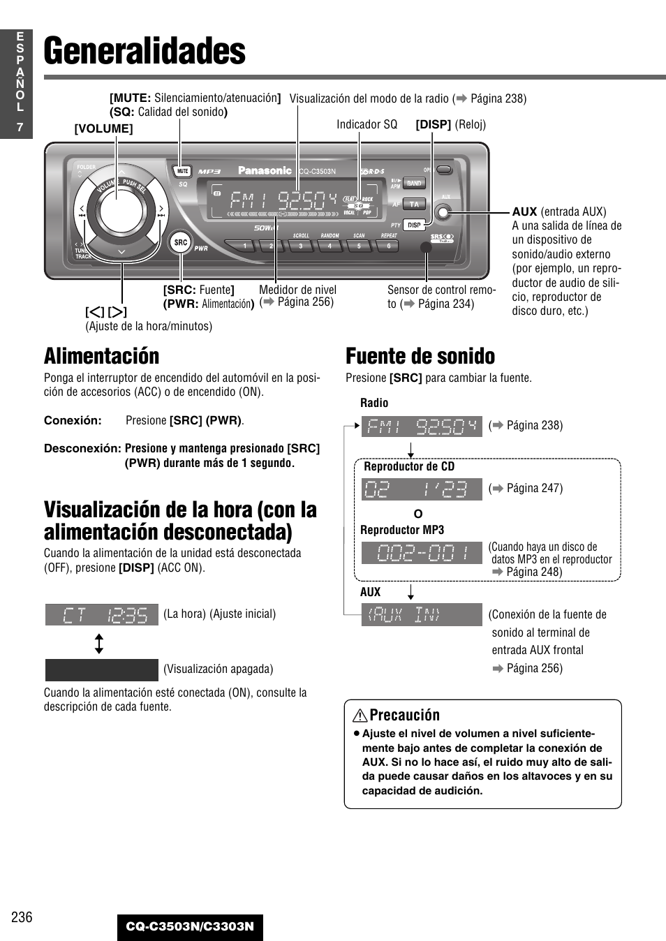 Generalidades, Alimentación, Fuente de sonido | Precaución | Panasonic CQC3503N User Manual | Page 8 / 42