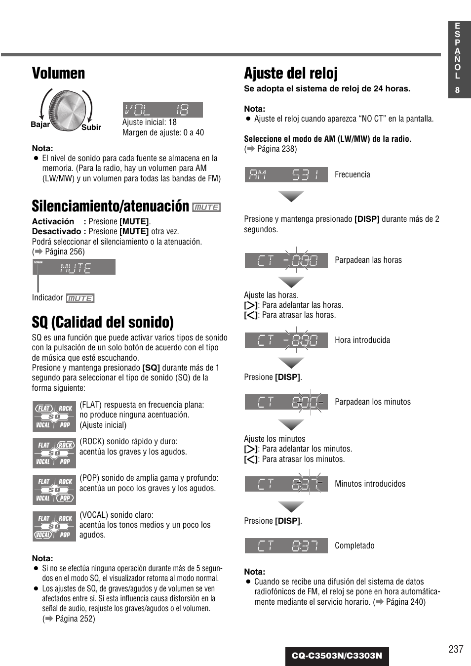 Volumen, Silenciamiento/atenuación, Sq (calidad del sonido) | Ajuste del reloj | Panasonic CQC3503N User Manual | Page 9 / 42