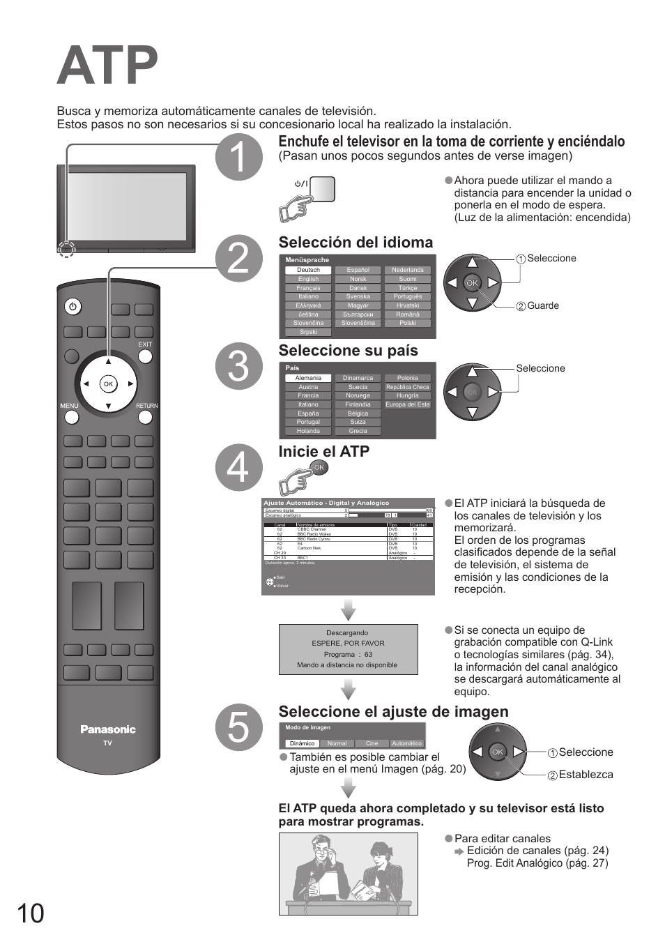 Seleccione su país, Inicie el atp, Selección del idioma | Seleccione el ajuste de imagen, Pasan unos pocos segundos antes de verse imagen) | Panasonic TH50PZ700E User Manual | Page 10 / 48