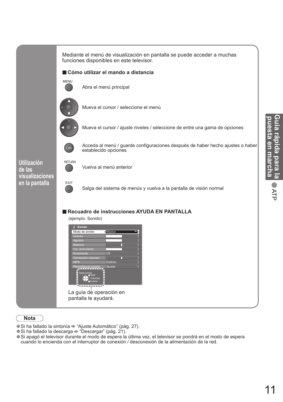 Guía rápida para la puesta en marcha, Utilización de las visualizaciones en la pantalla | Panasonic TH50PZ700E User Manual | Page 11 / 48