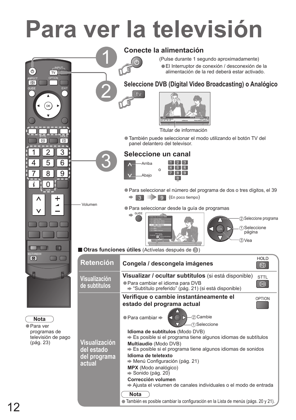 Para ver la televisión, Seleccione un canal, Retención visualización de subtítulos | Panasonic TH50PZ700E User Manual | Page 12 / 48