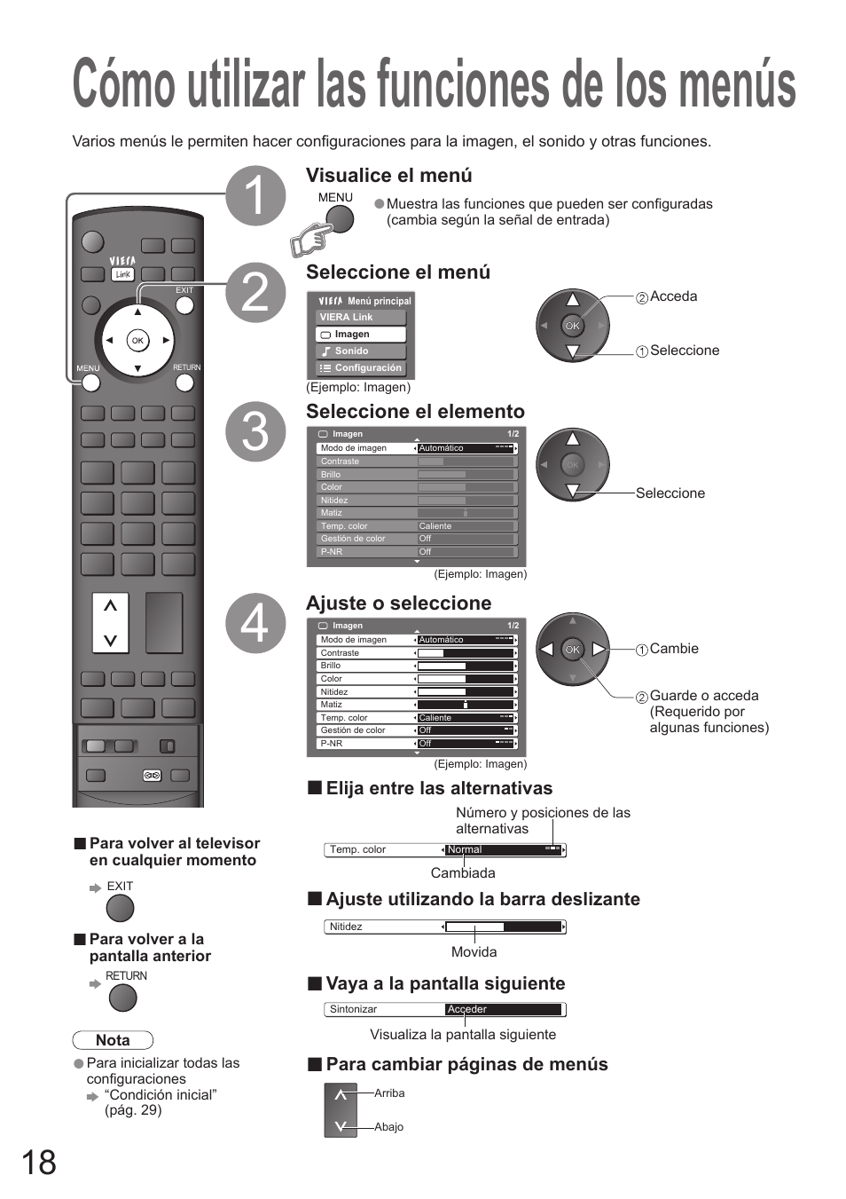 Cómo utilizar las funciones de los menús, Visualice el menú, Seleccione el menú seleccione el elemento | Ajuste o seleccione, Elija entre las alternativas, Ajuste utilizando la barra deslizante, Vaya a la pantalla siguiente, Para cambiar páginas de menús | Panasonic TH50PZ700E User Manual | Page 18 / 48