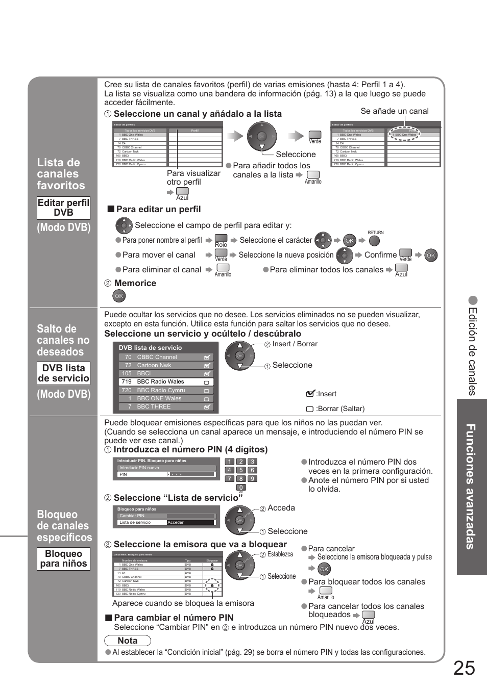 Funciones avanzadas, Bloqueo de canales específi cos, Lista de canales favoritos | Modo dvb) salto de canales no deseados, Modo dvb), Edición de canales, Bloqueo para niños, Editar perfi l dvb, Dvb lista de servicio, Para editar un perfi l | Panasonic TH50PZ700E User Manual | Page 25 / 48