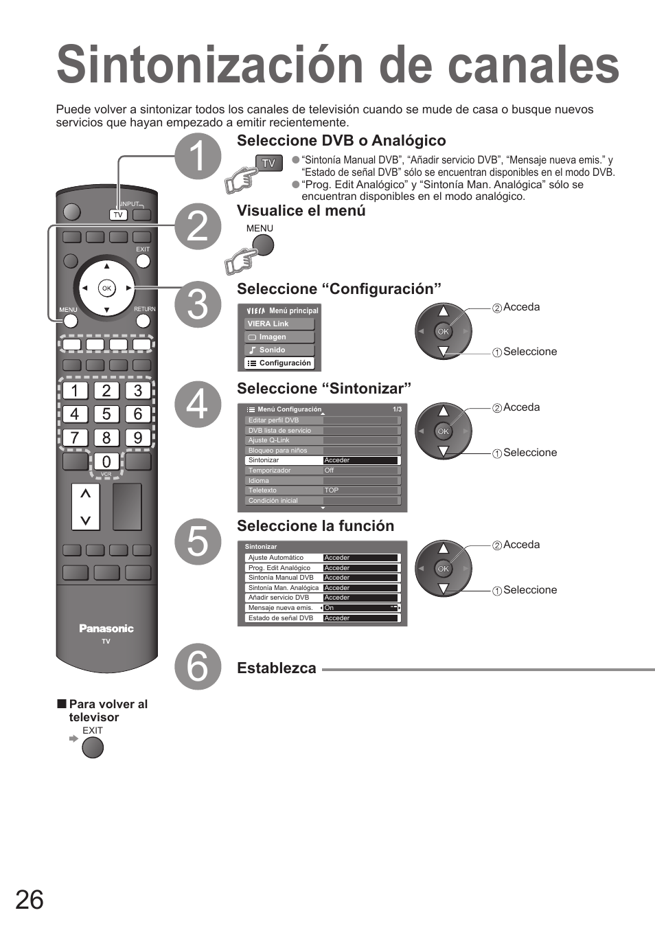 Sintonización de canales, Establezca, Seleccione dvb o analógico | Panasonic TH50PZ700E User Manual | Page 26 / 48