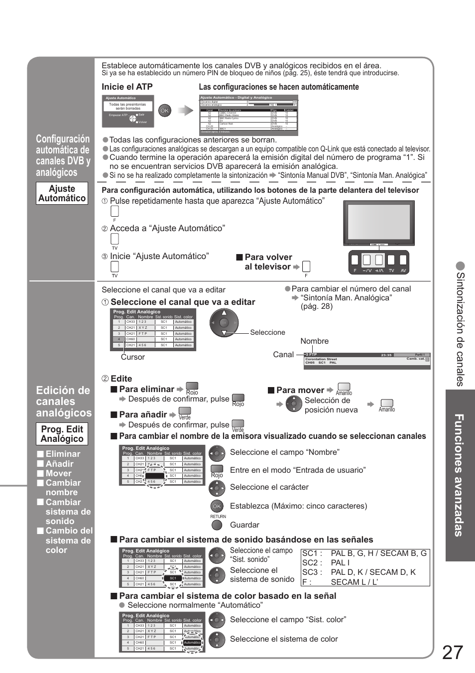 Funciones avanzadas, Edición de canales analógicos, Sintonización de canales | Ajuste automático, Prog. edit analógico, Eliminar, Añadir, Mover, Cambiar nombre, Cambiar sistema de sonido | Panasonic TH50PZ700E User Manual | Page 27 / 48