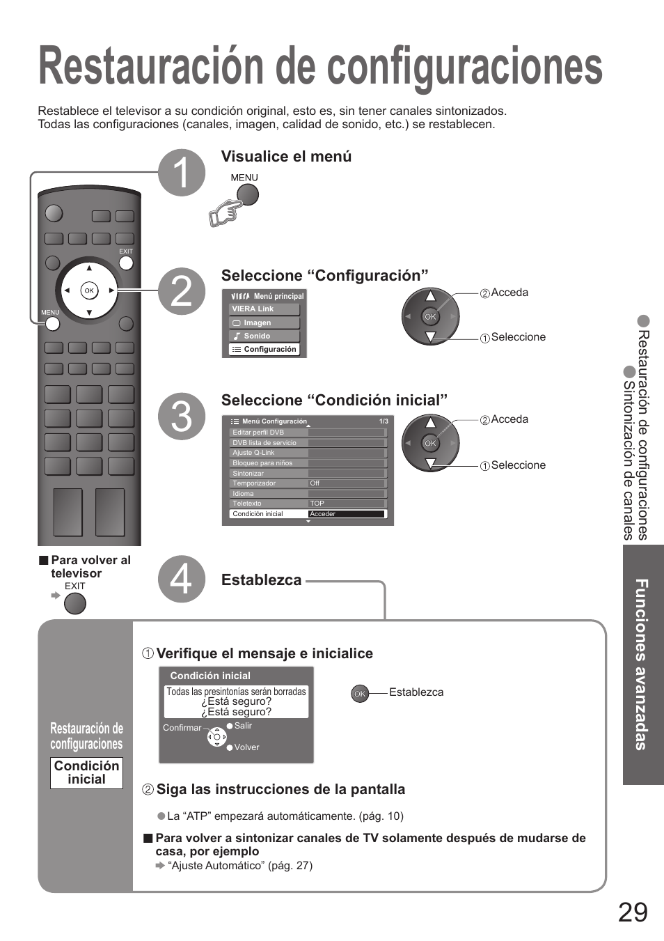 Restauración de confi guraciones, Funciones avanzadas | Panasonic TH50PZ700E User Manual | Page 29 / 48