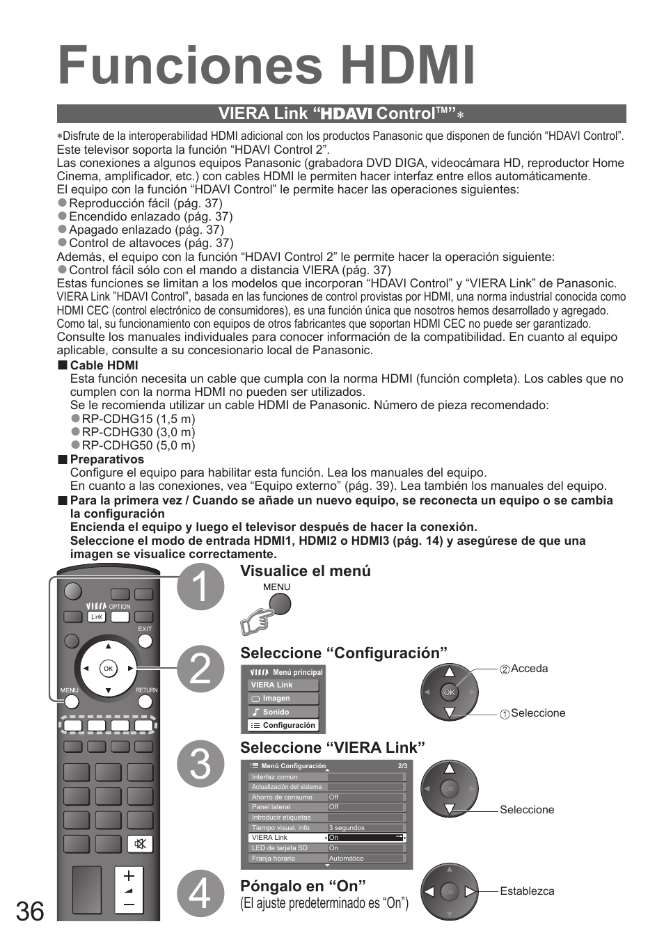 Funciones hdmi | Panasonic TH50PZ700E User Manual | Page 36 / 48