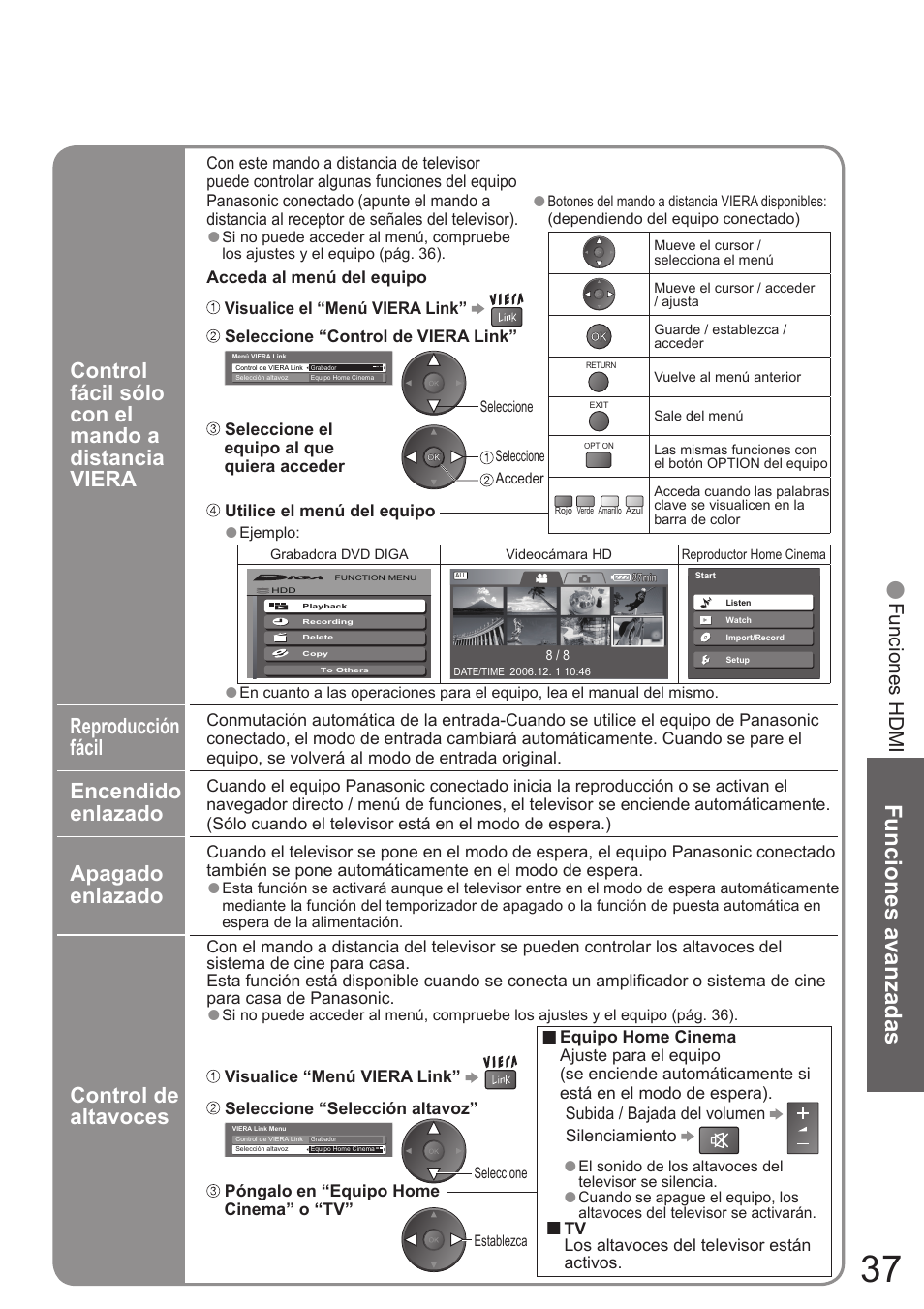 Funciones avanzadas, Reproducción fácil, Encendido enlazado | Apagado enlazado, Control de altavoces, Control fácil sólo con el mando a distancia viera | Panasonic TH50PZ700E User Manual | Page 37 / 48