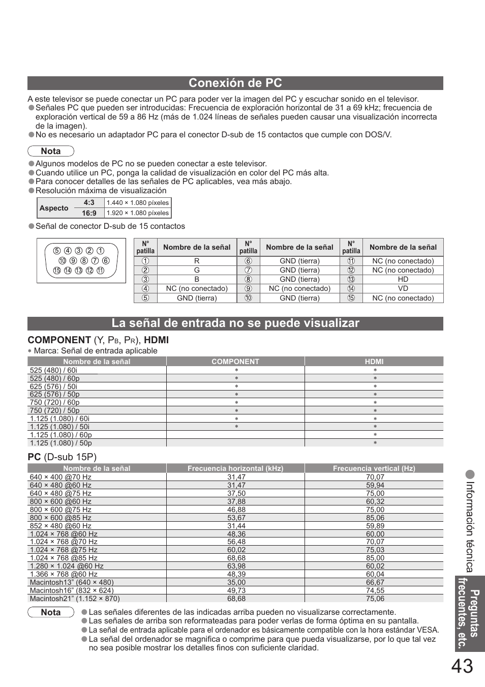 Preguntas frecuentes, etc, La señal de entrada no se puede visualizar, Conexión de pc | Panasonic TH50PZ700E User Manual | Page 43 / 48