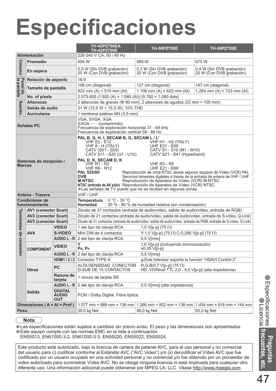 Especifi caciones, Preguntas frecuentes, etc, Especi fi caciones | Licencia | Panasonic TH50PZ700E User Manual | Page 47 / 48