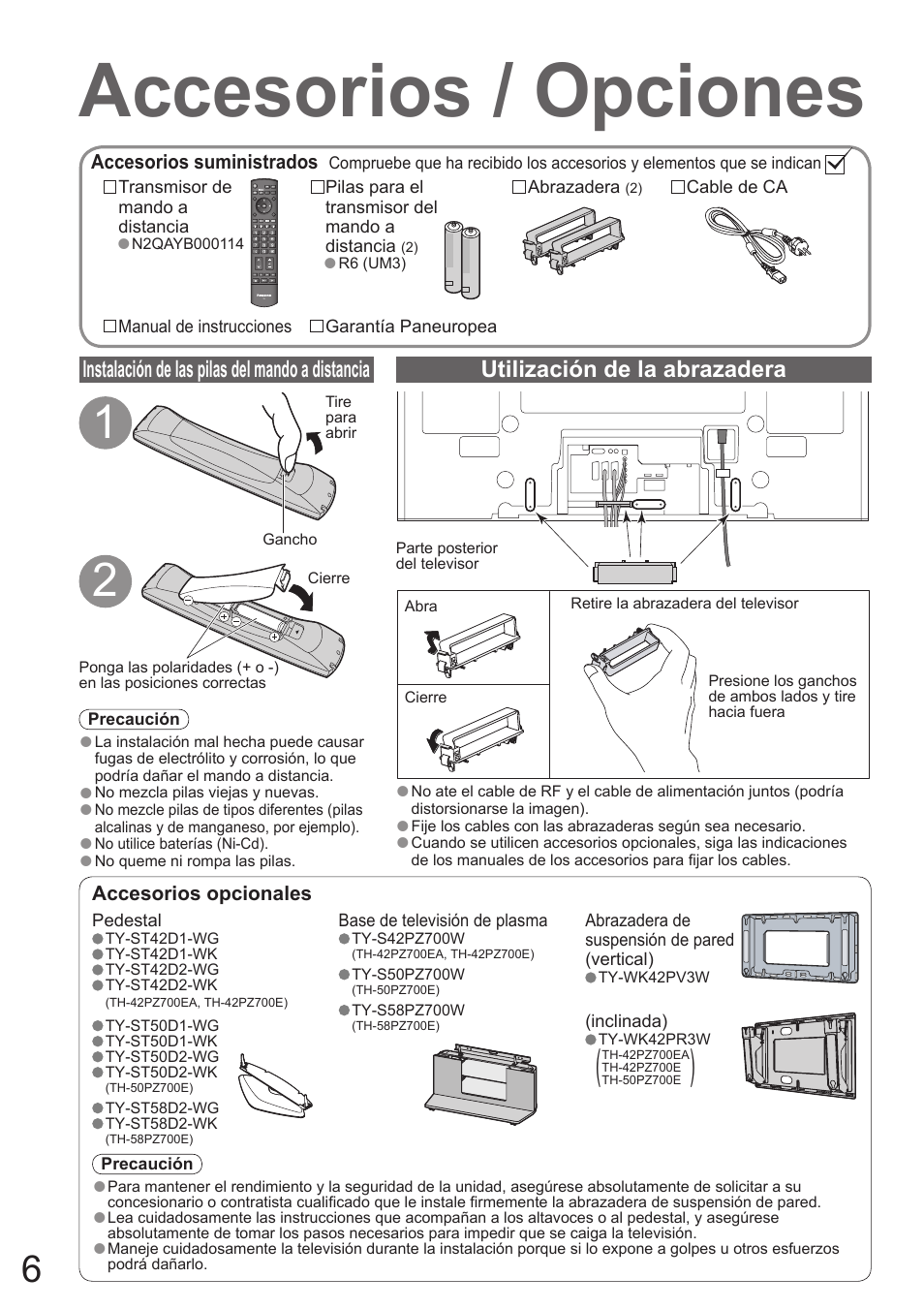 Accesorios / opciones | Panasonic TH50PZ700E User Manual | Page 6 / 48