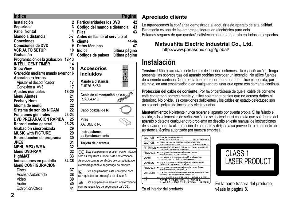 Laser product, Class 1, Instalación | Panasonic NVVP30 User Manual | Page 2 / 48