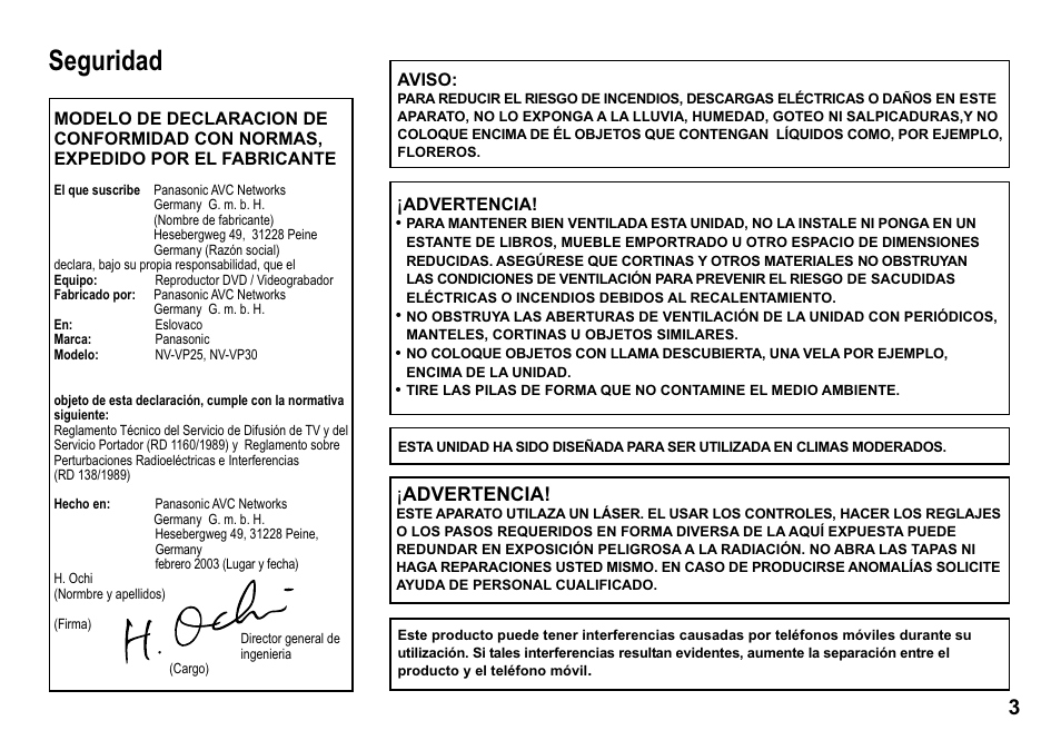 Seguridad, Advertencia | Panasonic NVVP30 User Manual | Page 3 / 48