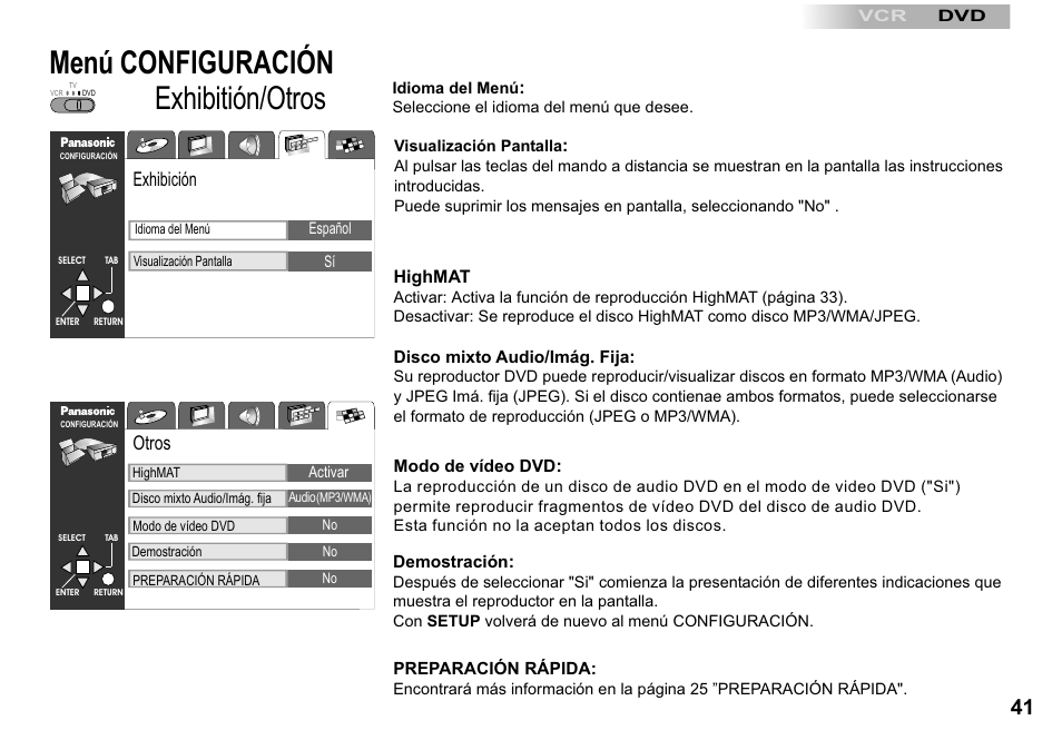 Menú exhibitión/otros configuración | Panasonic NVVP30 User Manual | Page 41 / 48