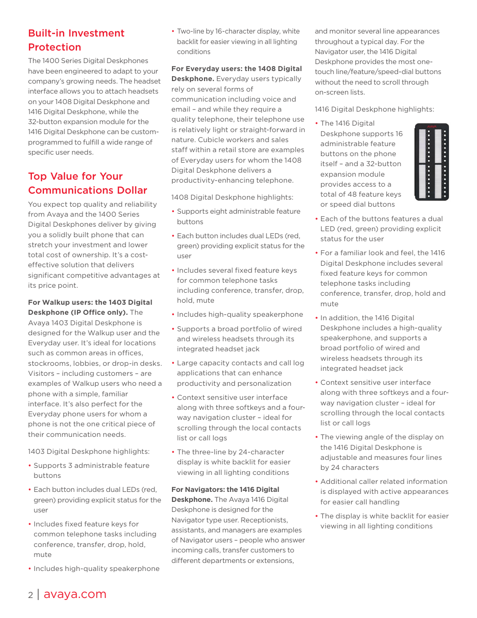 Built-in investment protection, Top value for your communications dollar | Avaya 1400 User Manual | Page 2 / 4