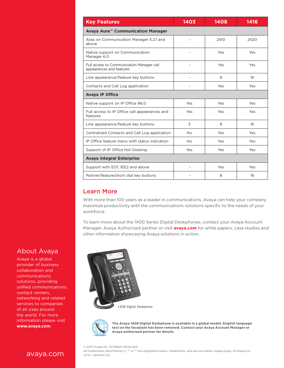 About avaya, Learn more | Avaya 1400 User Manual | Page 4 / 4