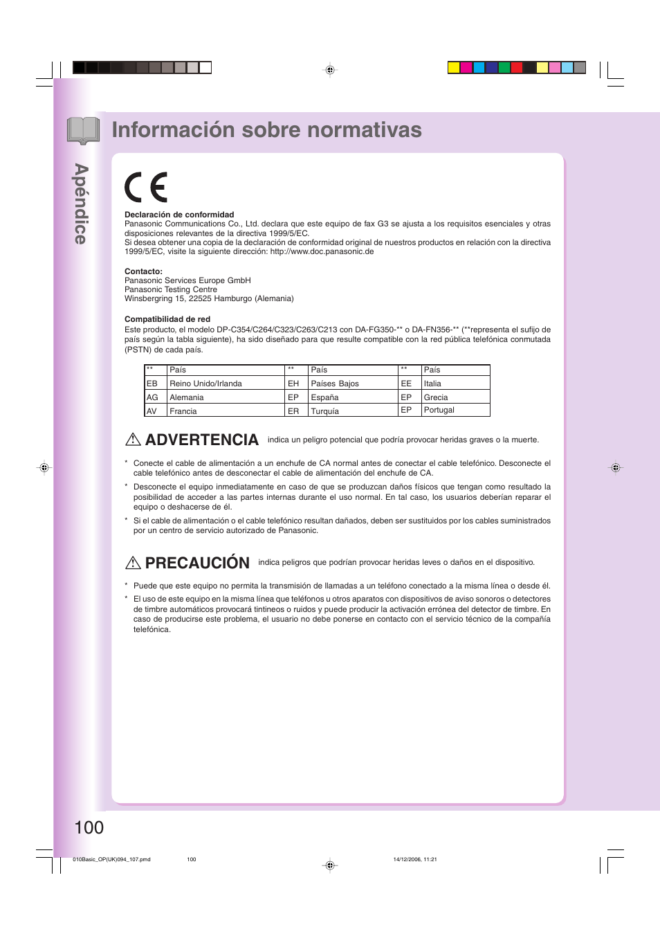 Información sobre normativas, 100 apéndice, Advertencia | Precaución | Panasonic DPC263 User Manual | Page 100 / 112