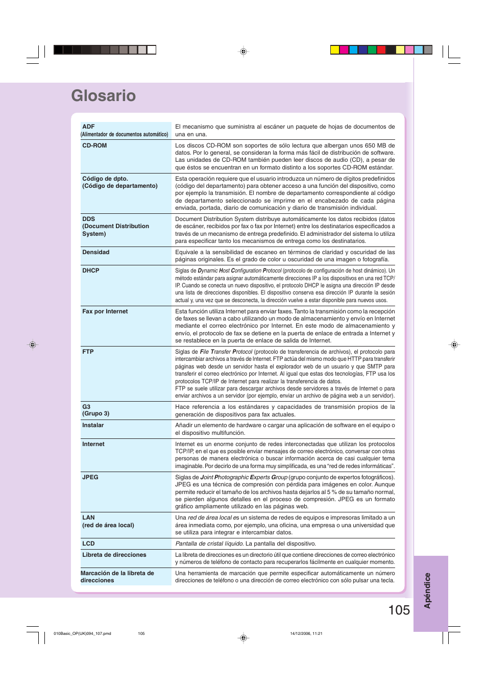 Glosario, Glosario -107 | Panasonic DPC263 User Manual | Page 105 / 112