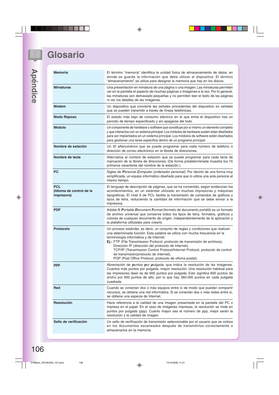 Glosario, 106 apéndice | Panasonic DPC263 User Manual | Page 106 / 112