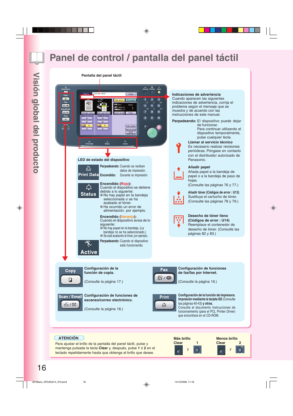 Panel de control / pantalla del panel táctil, Visión global del pr oducto 16 | Panasonic DPC263 User Manual | Page 16 / 112