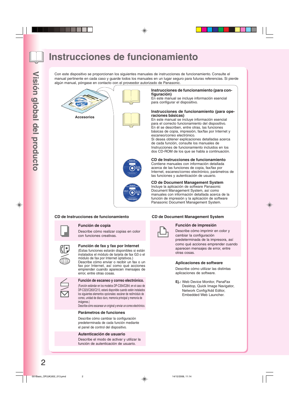 Visión global del producto, Instrucciones de funcionamiento, Visión global del pr oducto 2 | Panasonic DPC263 User Manual | Page 2 / 112