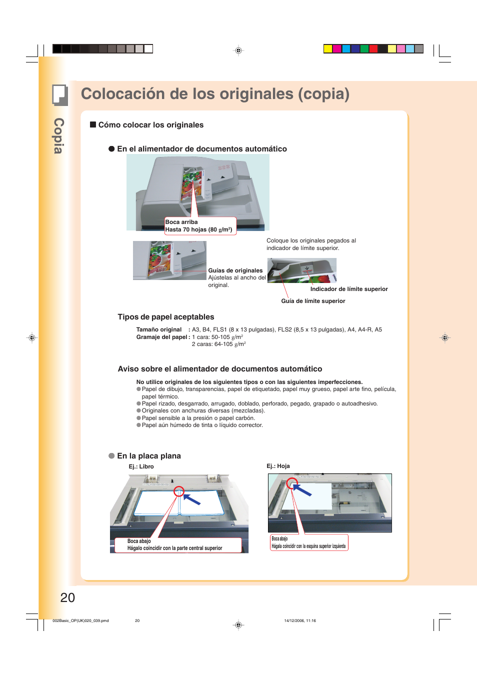 Copia, Colocación de los originales (copia), Cómo colocar los originales | Copia 20 | Panasonic DPC263 User Manual | Page 20 / 112