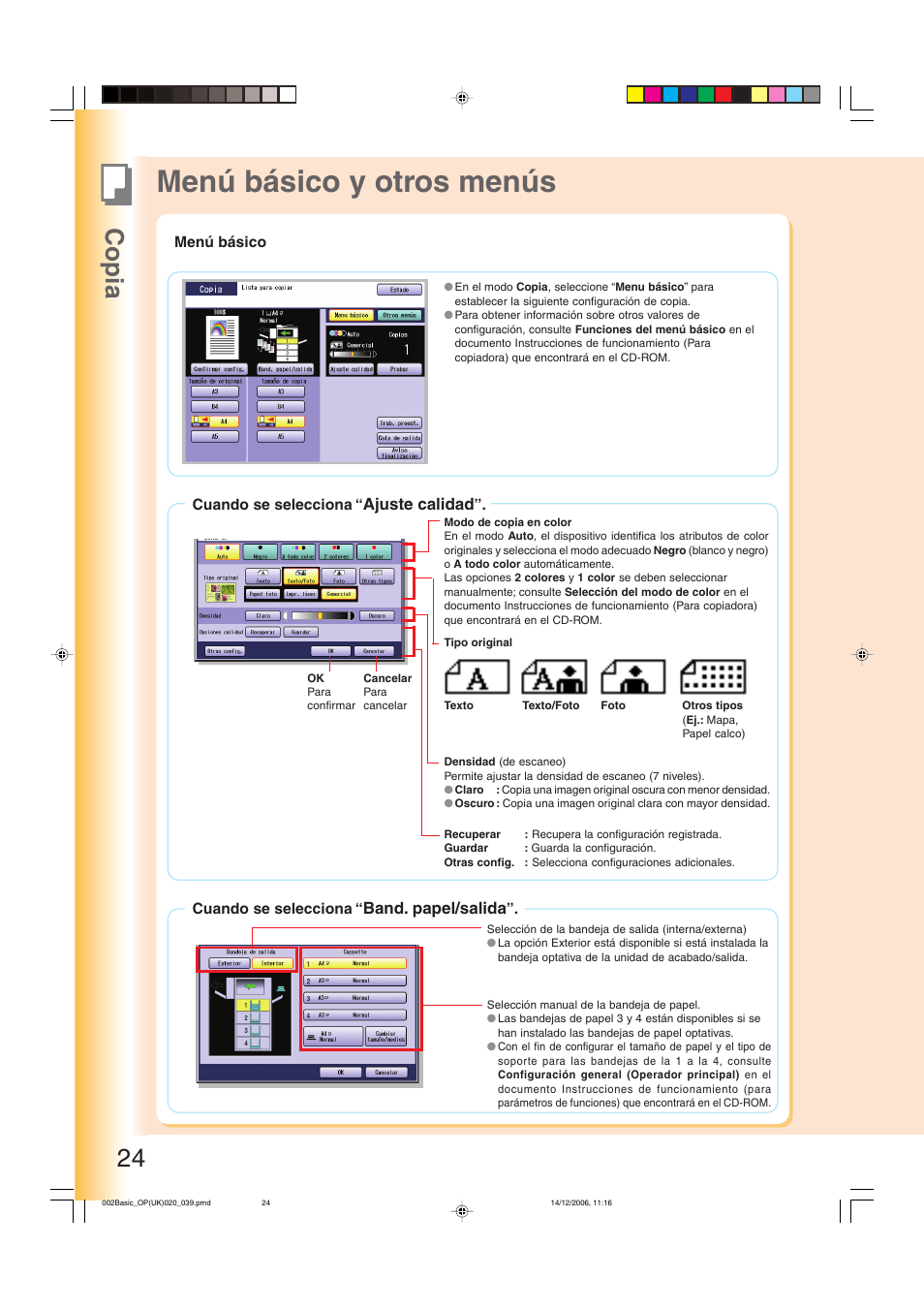 Menú básico y otros menús, Menú básico, Copia 24 | Ajuste calidad, Band. papel/salida | Panasonic DPC263 User Manual | Page 24 / 112