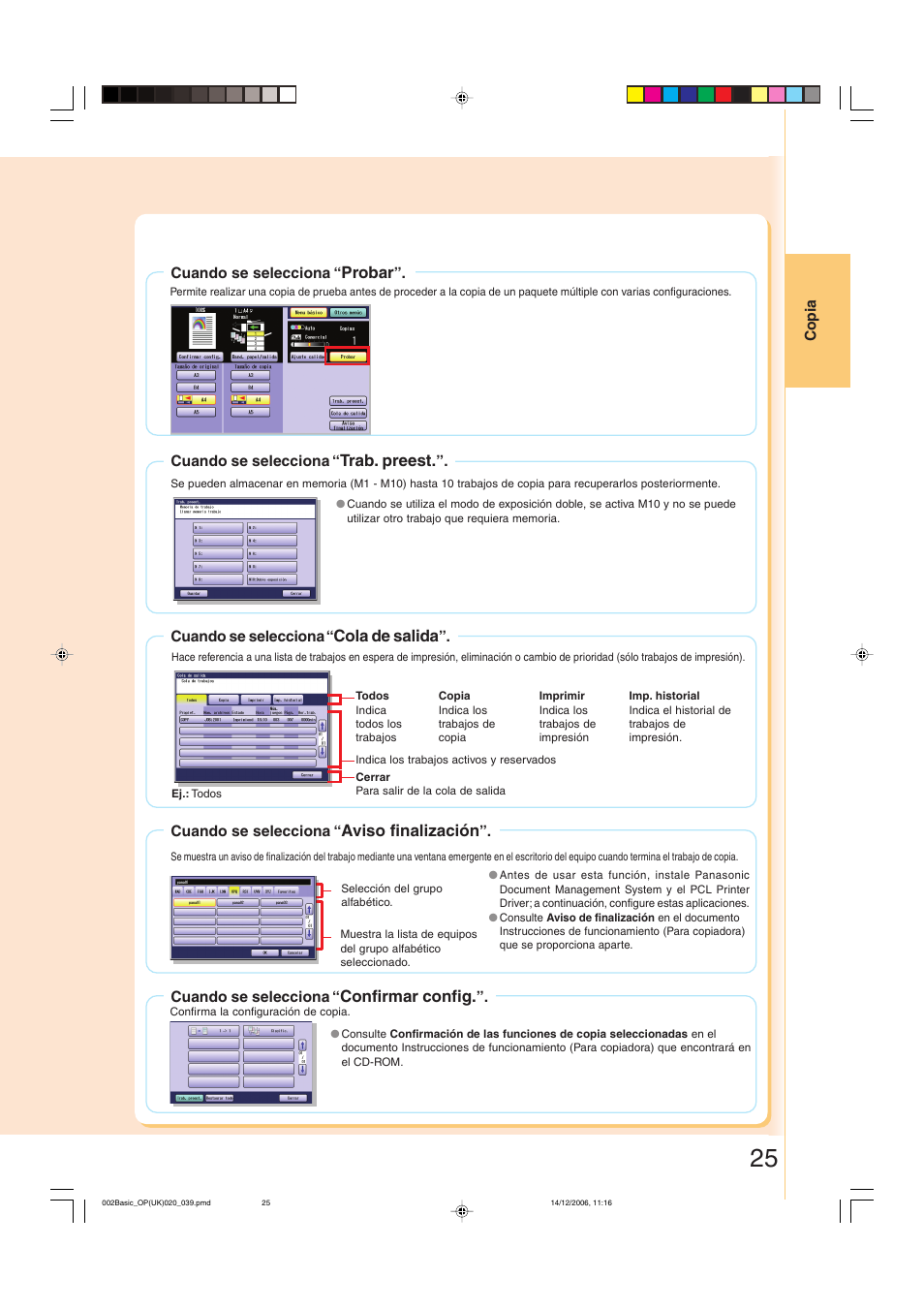 Probar, Trab. preest, Cola de salida | Aviso finalización, Confirmar config | Panasonic DPC263 User Manual | Page 25 / 112