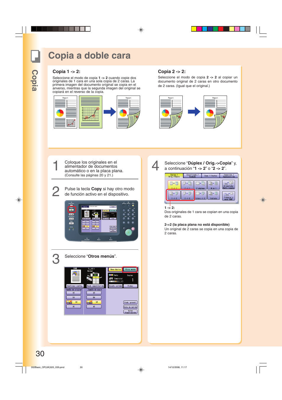 Copia a doble cara, Copia 1 -> 2:, copia 2 -> 2, Copia 1 -> 2 y 2 -> 2 | Copia 30 | Panasonic DPC263 User Manual | Page 30 / 112