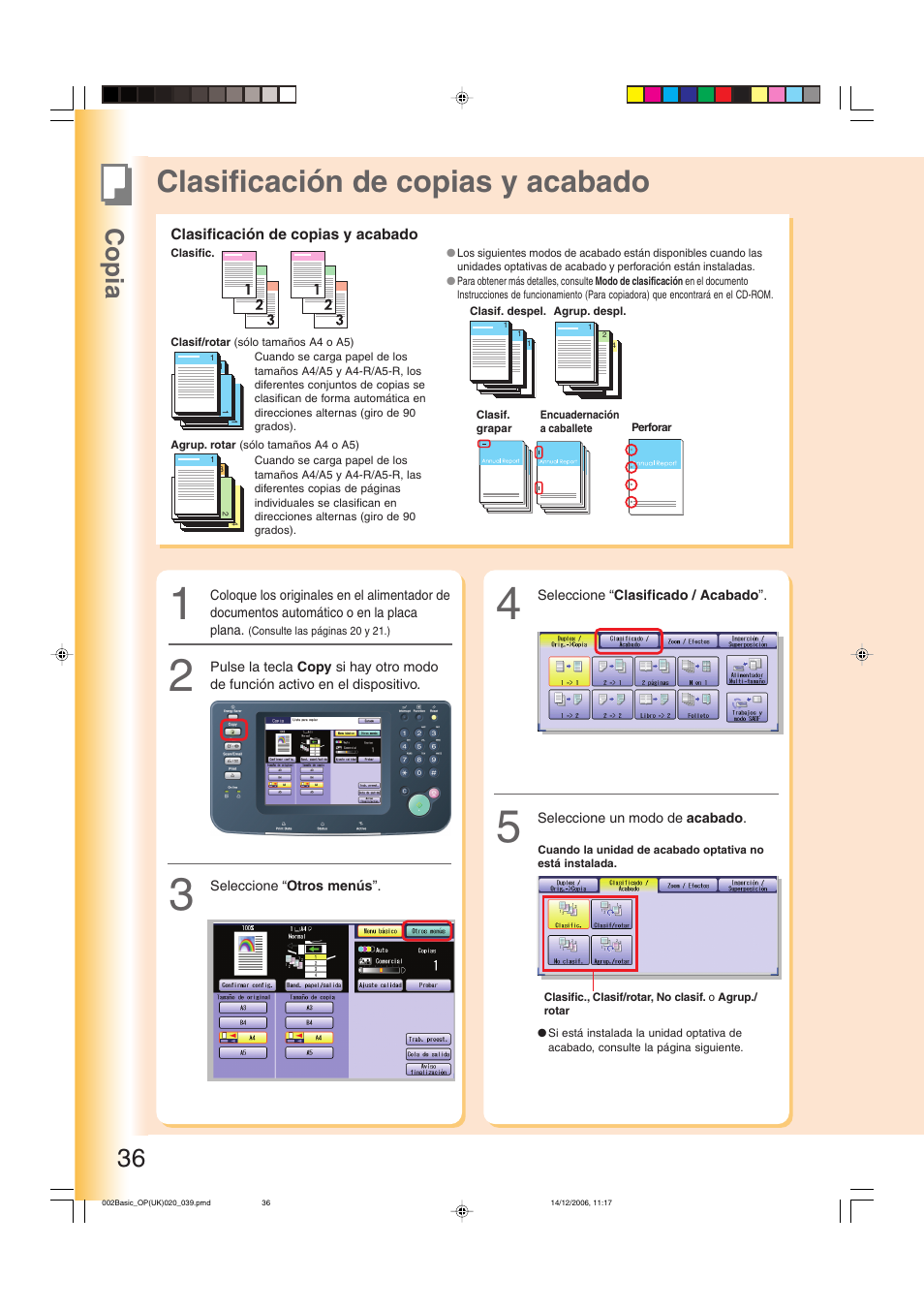 Clasificación de copias y acabado, Copia 36 | Panasonic DPC263 User Manual | Page 36 / 112