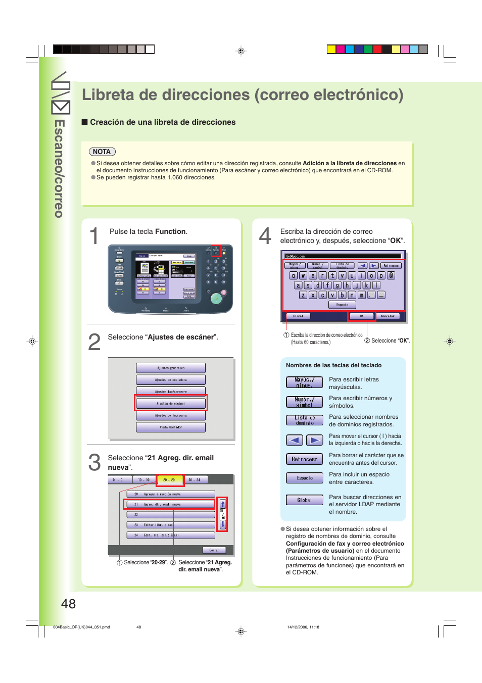 Libreta de direcciones (correo electrónico), Creación de una libreta de direcciones, Escaneo/correo 48 | Panasonic DPC263 User Manual | Page 48 / 112