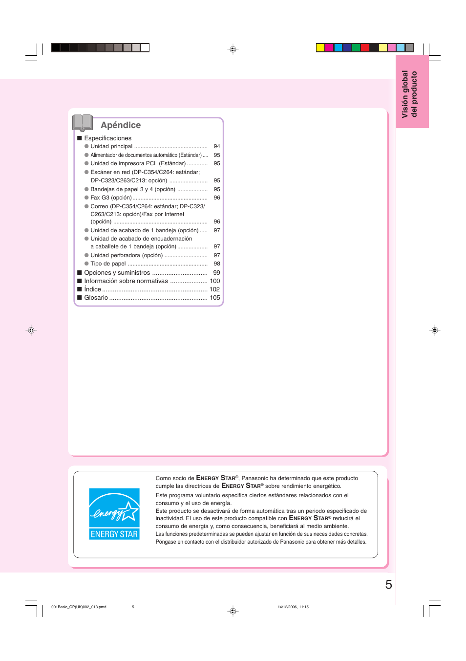 Apéndice, Visión global del pr oducto | Panasonic DPC263 User Manual | Page 5 / 112