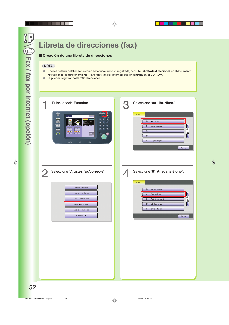 Fax / fax por internet (opción), Libreta de direcciones (fax), Creación de una libreta de direcciones | Fax / fax por internet (opción) 52 | Panasonic DPC263 User Manual | Page 52 / 112