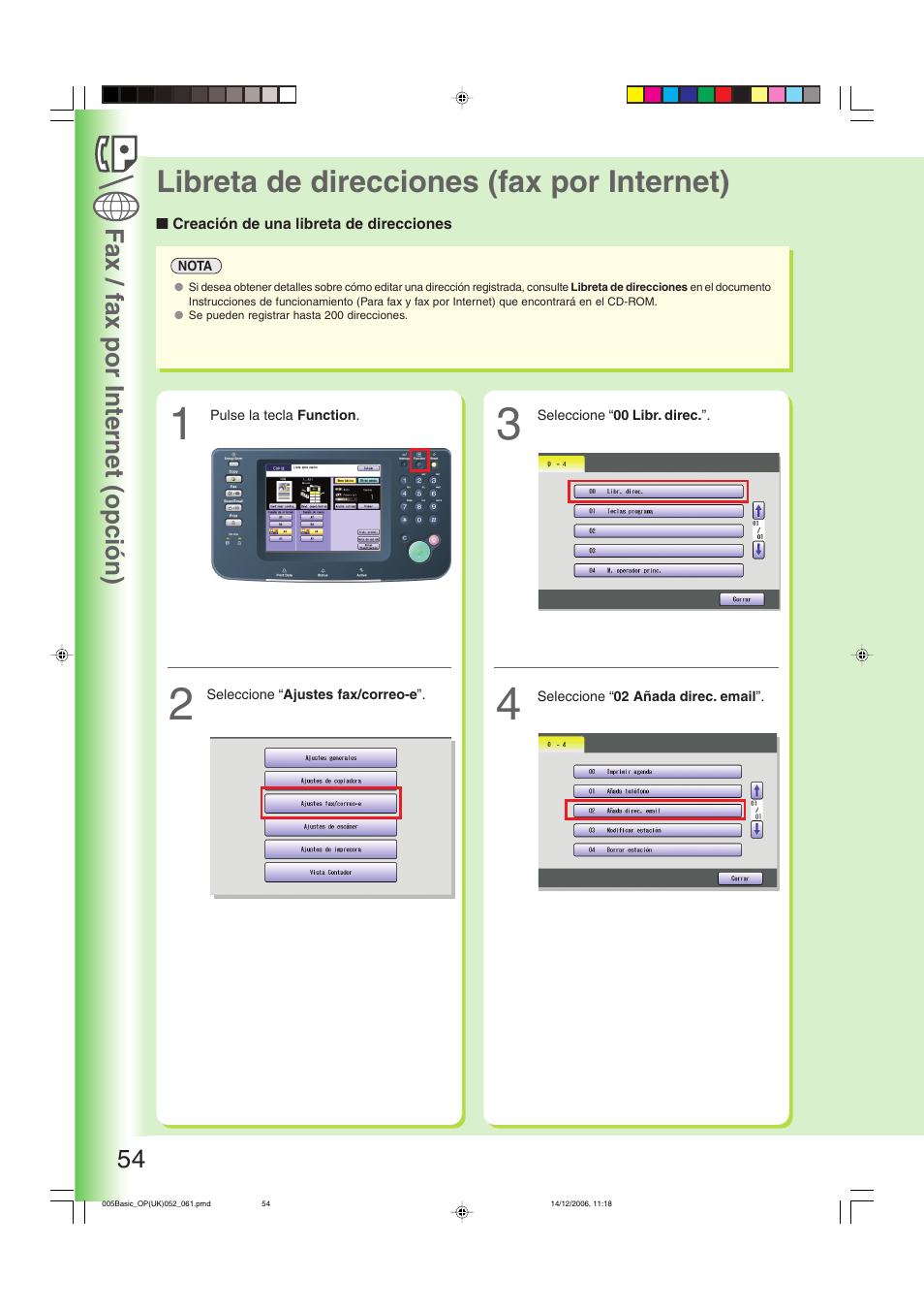 Libreta de direcciones (fax por internet), Creación de una libreta de direcciones, Fax / fax por internet (opción) 54 | Panasonic DPC263 User Manual | Page 54 / 112