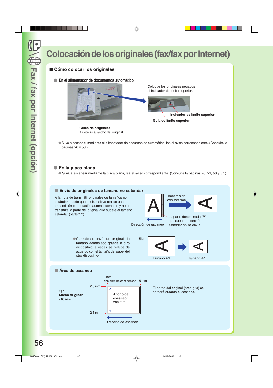 Cómo colocar los originales, Fax / fax por internet (opción) 56 | Panasonic DPC263 User Manual | Page 56 / 112