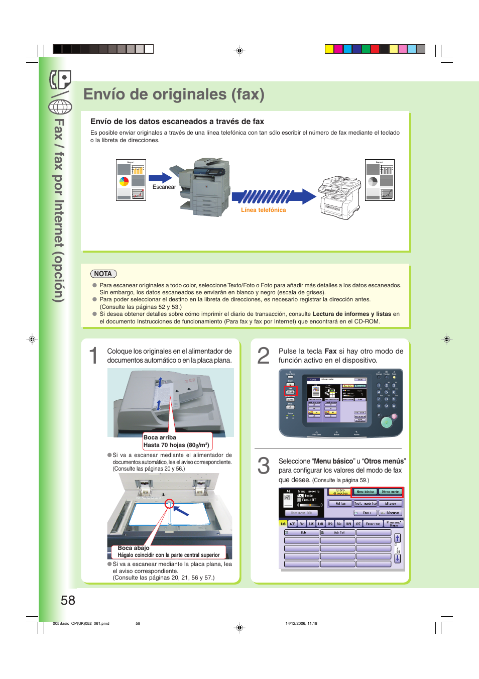 Envío de originales (fax), Envío de los datos escaneados a través de fax, Fax / fax por internet (opción) 58 | Panasonic DPC263 User Manual | Page 58 / 112