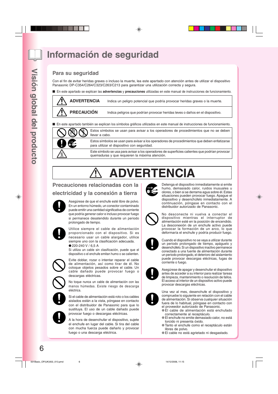 Información de seguridad, Advertencia, Visión global del pr oducto 6 | Para su seguridad | Panasonic DPC263 User Manual | Page 6 / 112