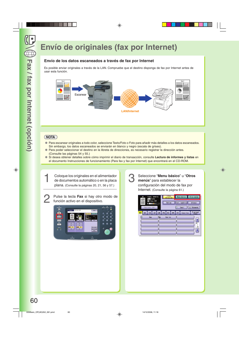 Envío de originales (fax por internet), Fax / fax por internet (opción) 60 | Panasonic DPC263 User Manual | Page 60 / 112