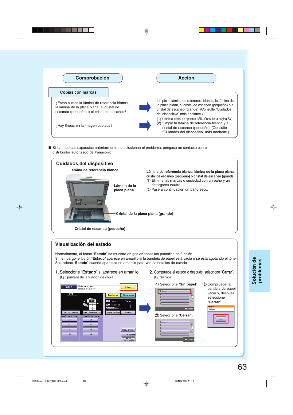 Cuidados del dispositivo, Visualización del estado | Panasonic DPC263 User Manual | Page 63 / 112