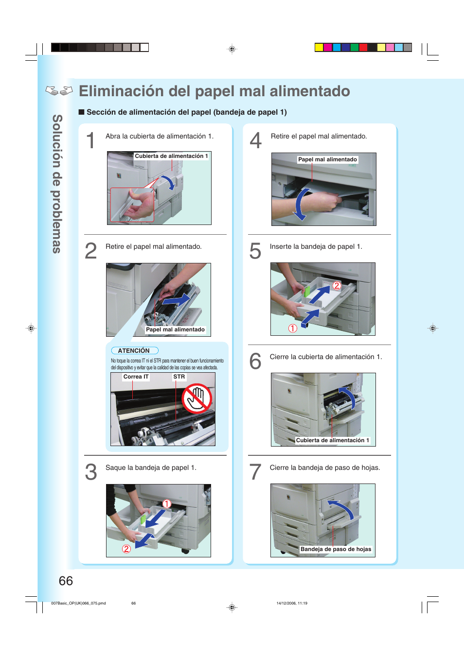 Eliminación del papel mal alimentado, 66, 68, 69 y 70.), Solución de pr oblemas 66 | Panasonic DPC263 User Manual | Page 66 / 112