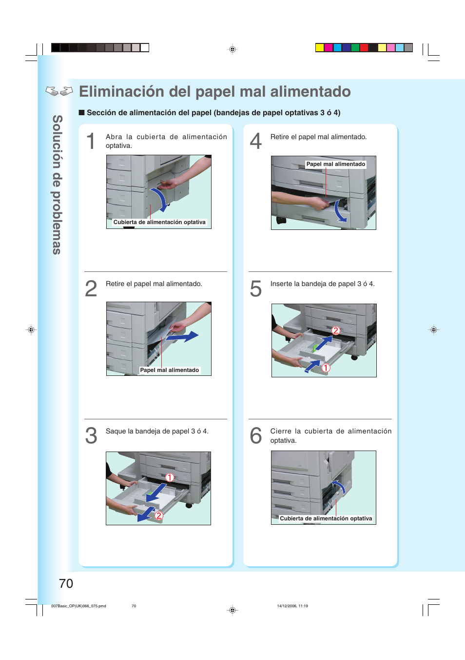 Eliminación del papel mal alimentado, Solución de pr oblemas 70 | Panasonic DPC263 User Manual | Page 70 / 112